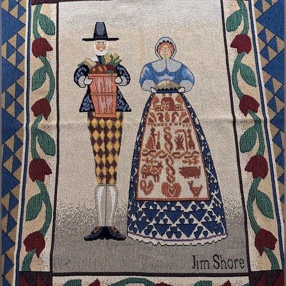 Jim Shore Pilgrims tapestry Throw Blanket THANKSGIVING SEASONAL - Picture 3 of 3